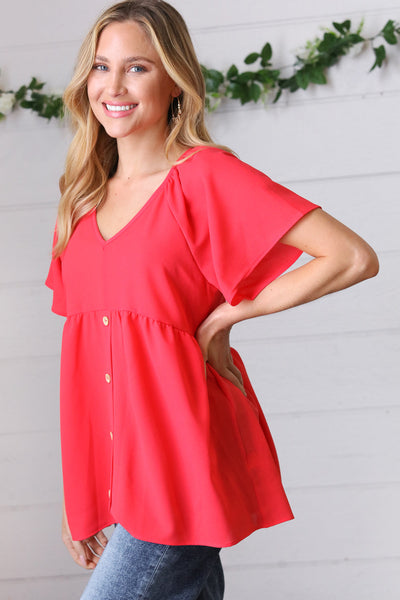 Cherry Red Babydoll Button Down Raglan Woven Top - Sybaritic Bags & Clothing