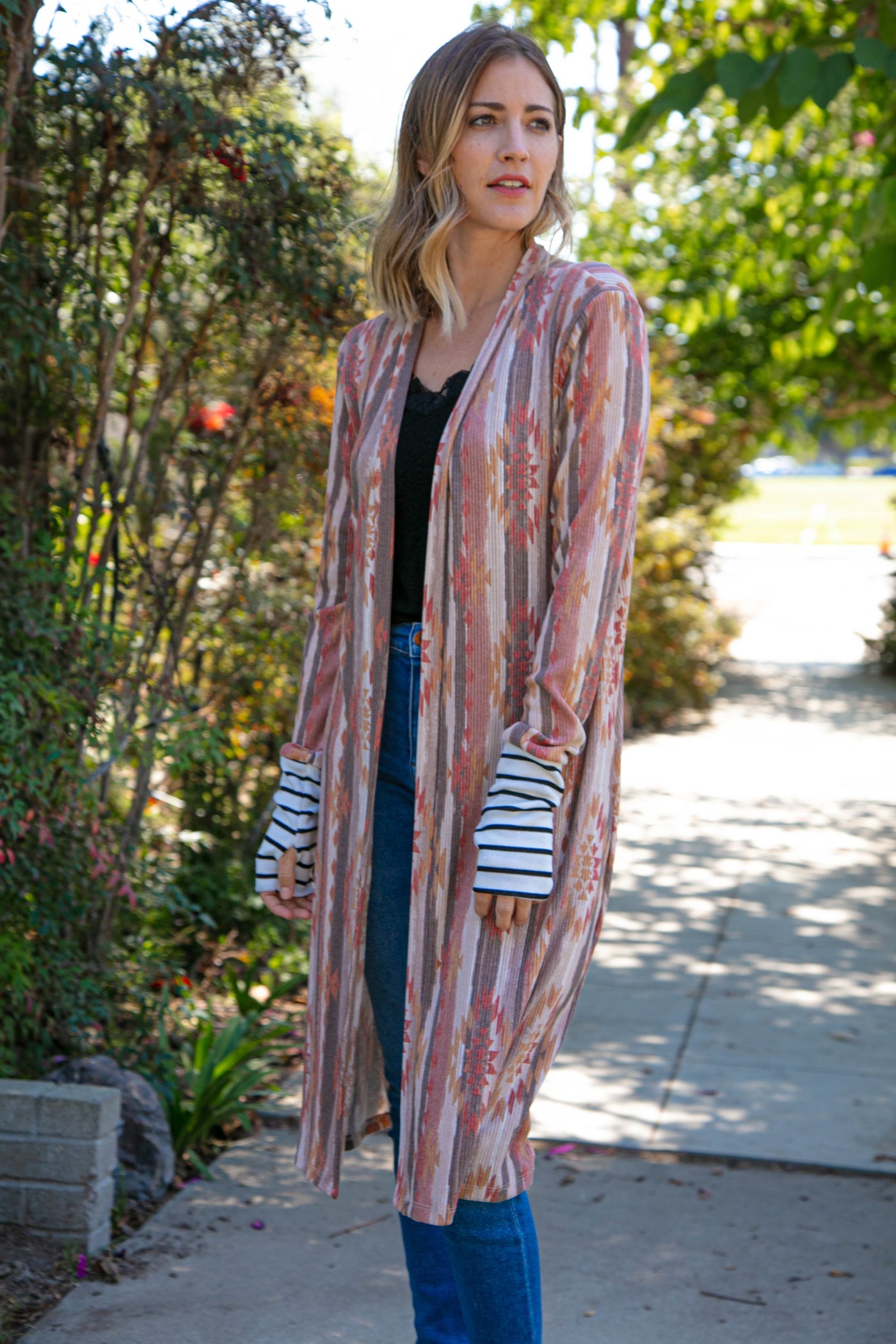 Aztec Printed Stripe Sleeve Open Cardigan - Sybaritic Bags & Clothing