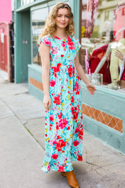 What A Vision Aqua Floral Fit & Flare Maxi Dress - Sybaritic Bags & Clothing