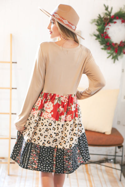 Taupe Floral & Leopard Print Tiered Pocketed Mid Dress - Sybaritic Bags & Clothing
