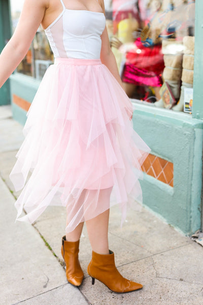 Feeling Femme' Blush Asymmetric Tiered Tulle Midi Skirt - Sybaritic Bags & Clothing