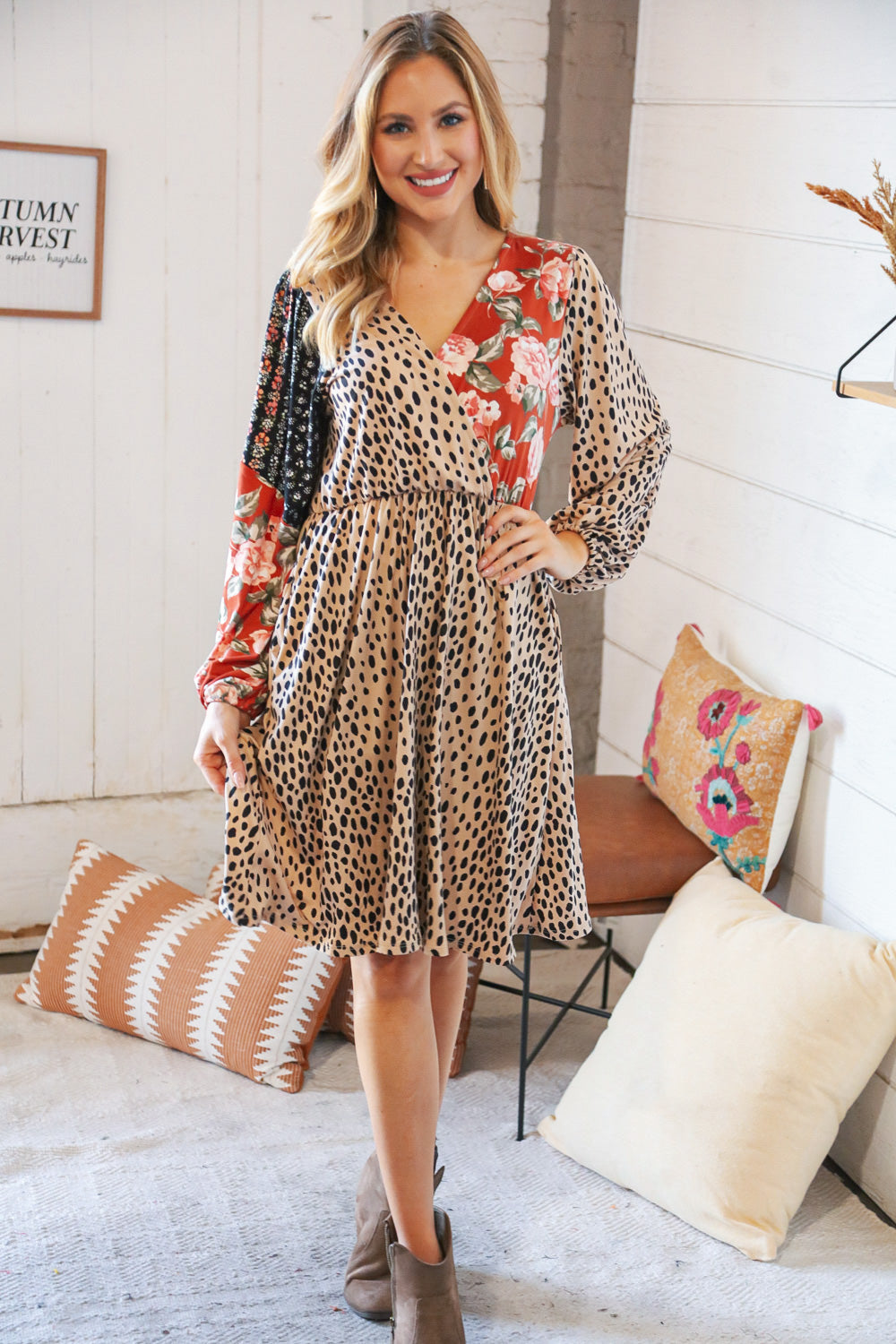 Cheetah Multi-Floral Color Block Surplice Dress - Sybaritic Bags & Clothing