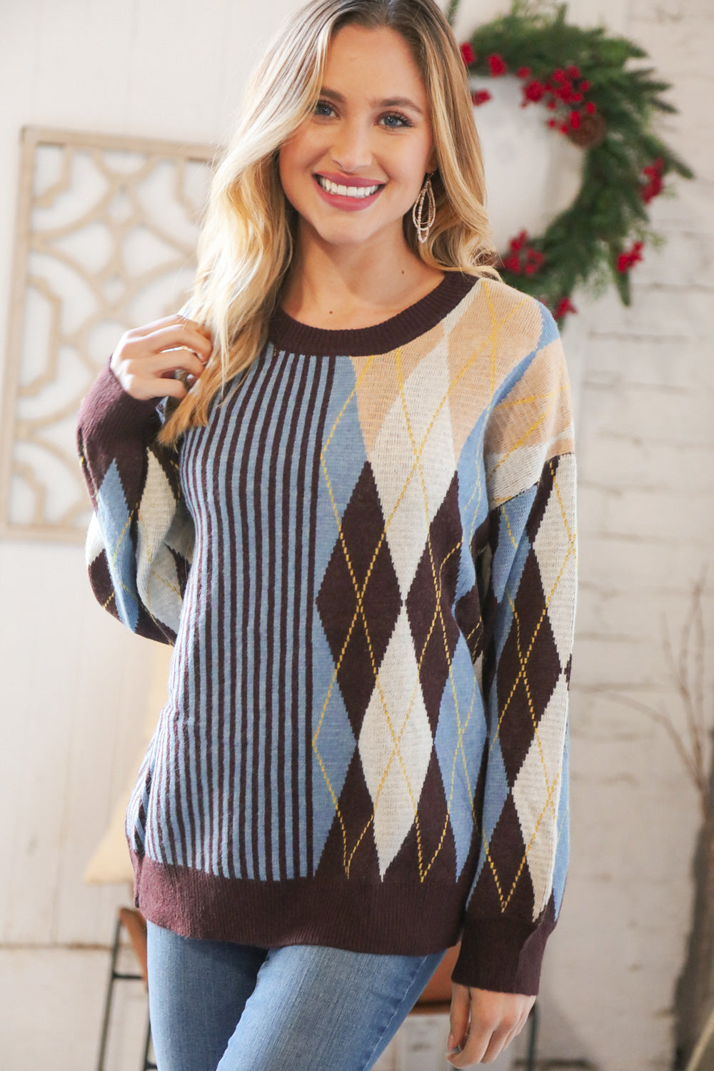 Mocha Blue Half & Half Vertical Stripe Sweater - Sybaritic Bags & Clothing