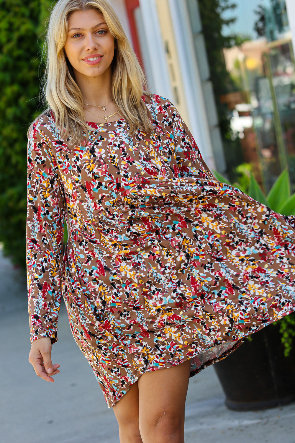 Taupe & Maroon Floral Long Sleeve Babydoll Dress - Sybaritic Bags & Clothing