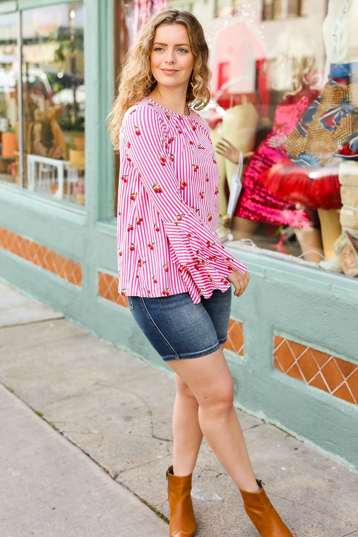 Make You Smile Pink Stripe & Cherries Bell Sleeve Top - Sybaritic Bags & Clothing