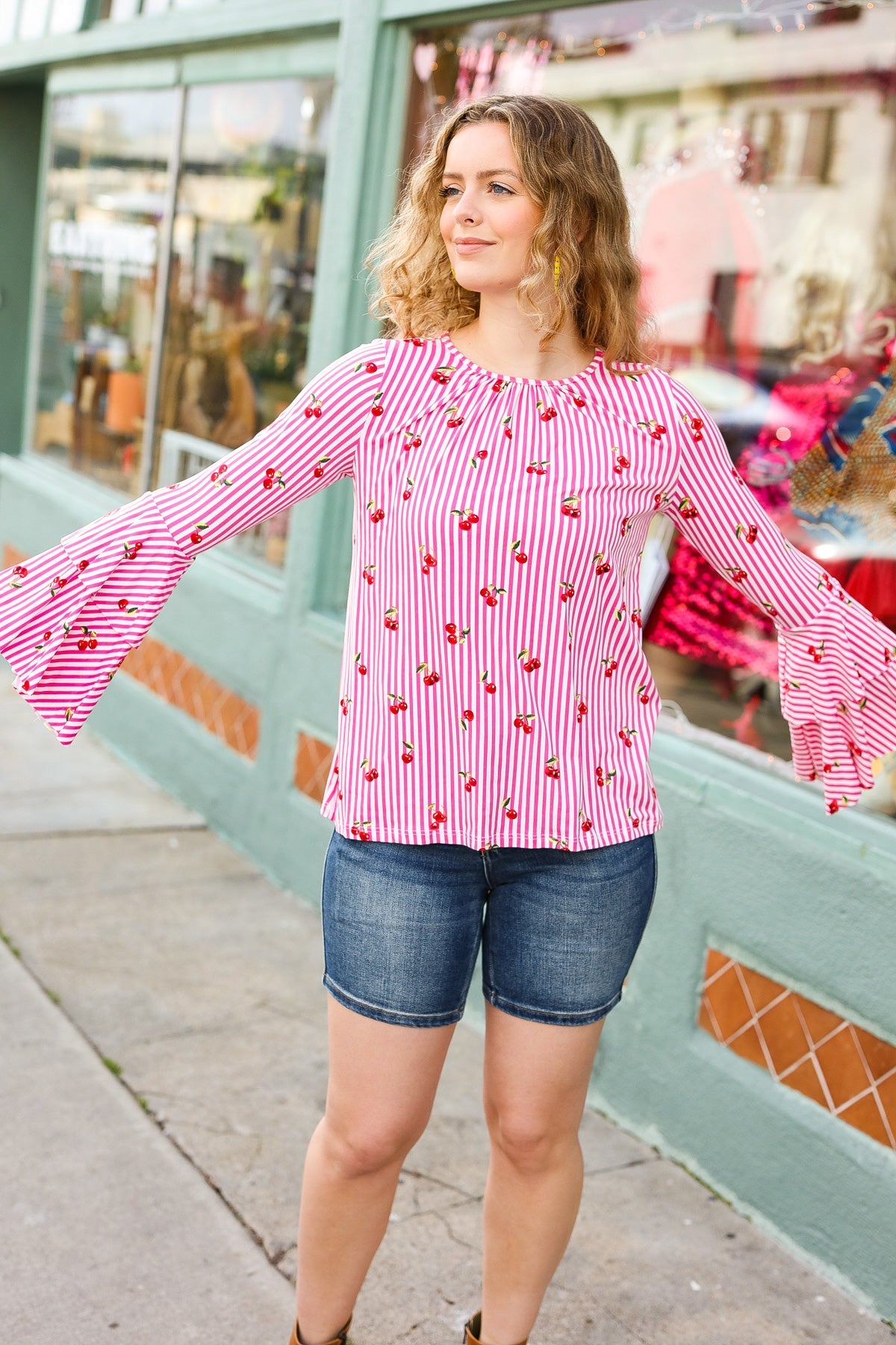 Make You Smile Pink Stripe & Cherries Bell Sleeve Top - Sybaritic Bags & Clothing