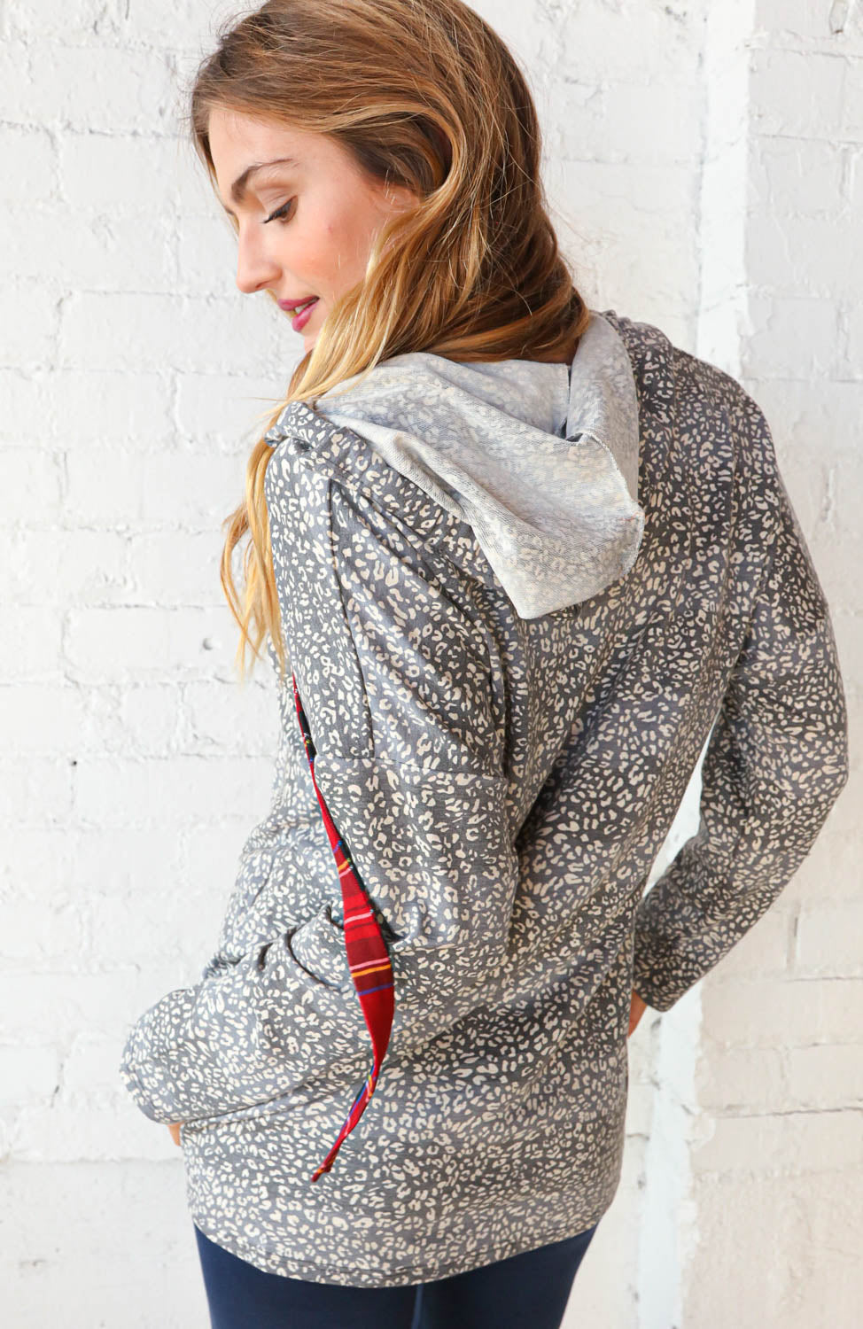 Grey Leopard Print & Plaid Drawstring Hoodie - Sybaritic Bags & Clothing