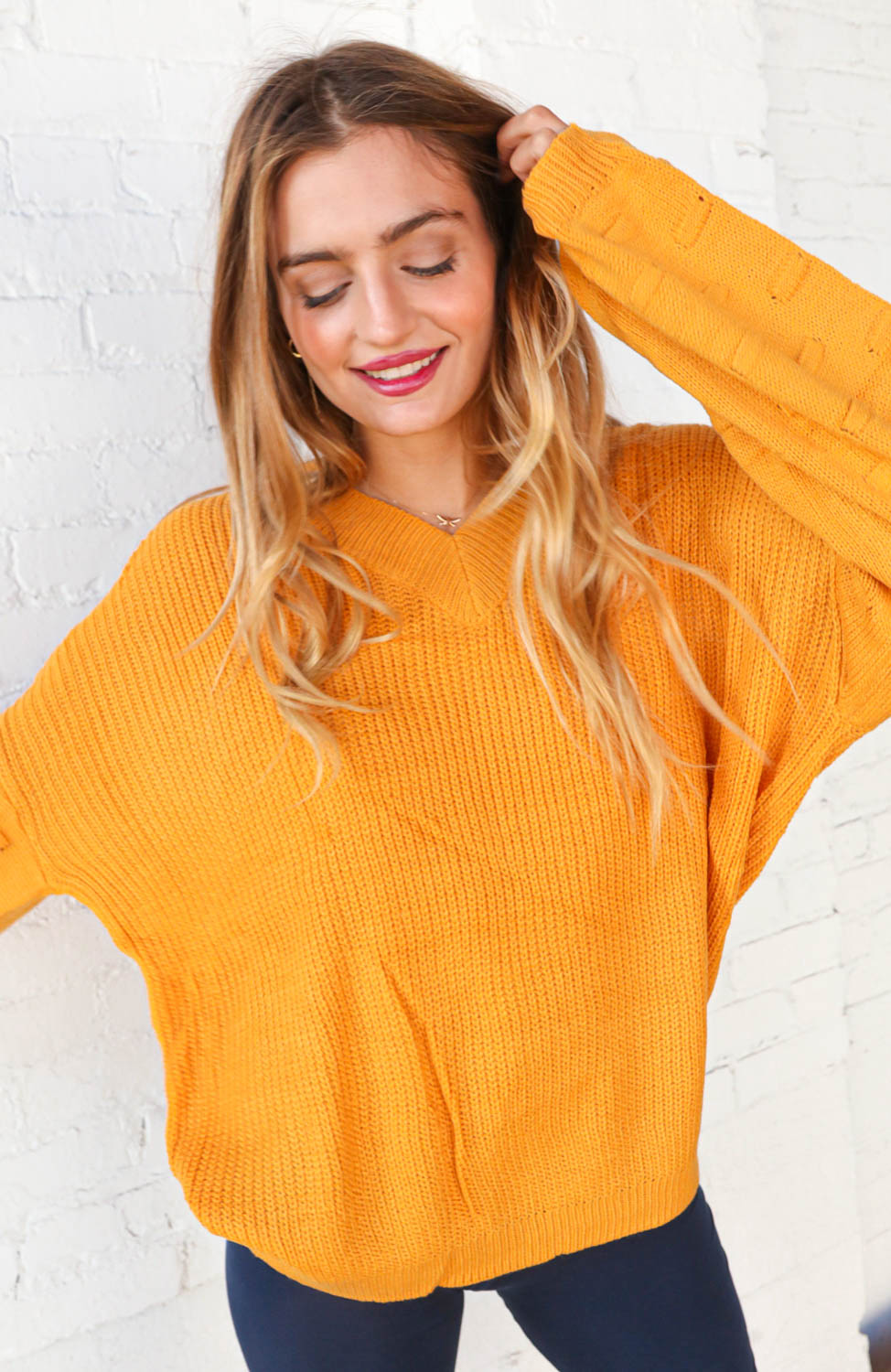 Mustard V Neck Chunky Textured Bubble Sleeve Sweater - Sybaritic Bags & Clothing