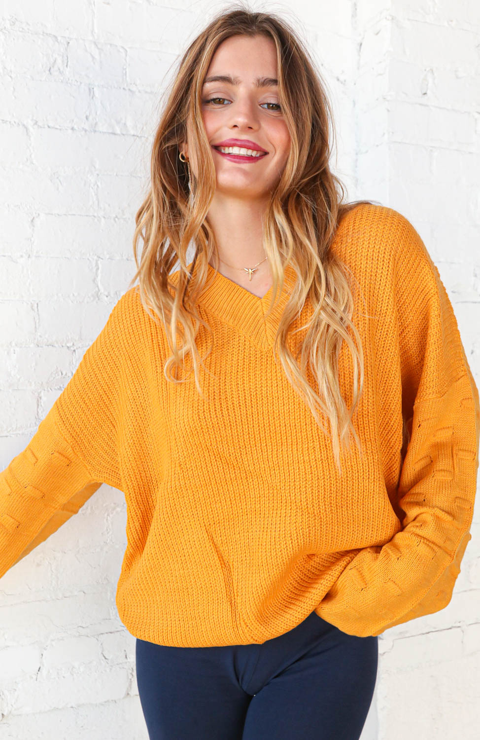Mustard V Neck Chunky Textured Bubble Sleeve Sweater - Sybaritic Bags & Clothing