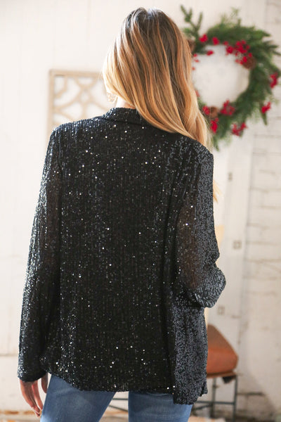 Black Sequin Lapel Collar Pocketed Holiday Jacket - Sybaritic Bags & Clothing