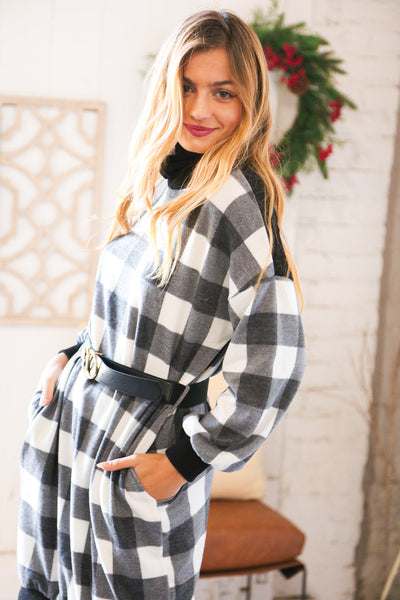 Black Buffalo Plaid Belted Sweater Dress - Sybaritic Bags & Clothing