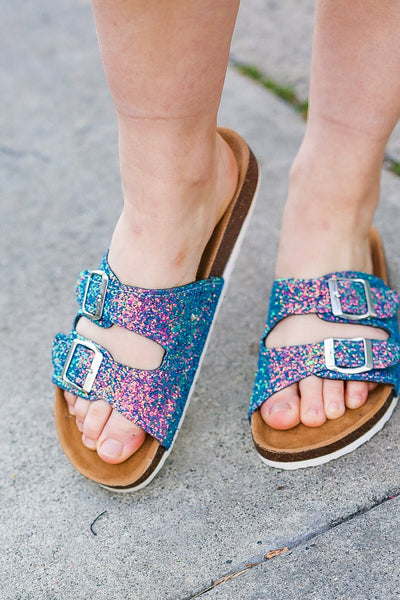 Teal Glitter Cork Bed Buckle Slip-On Sandals - Sybaritic Bags & Clothing