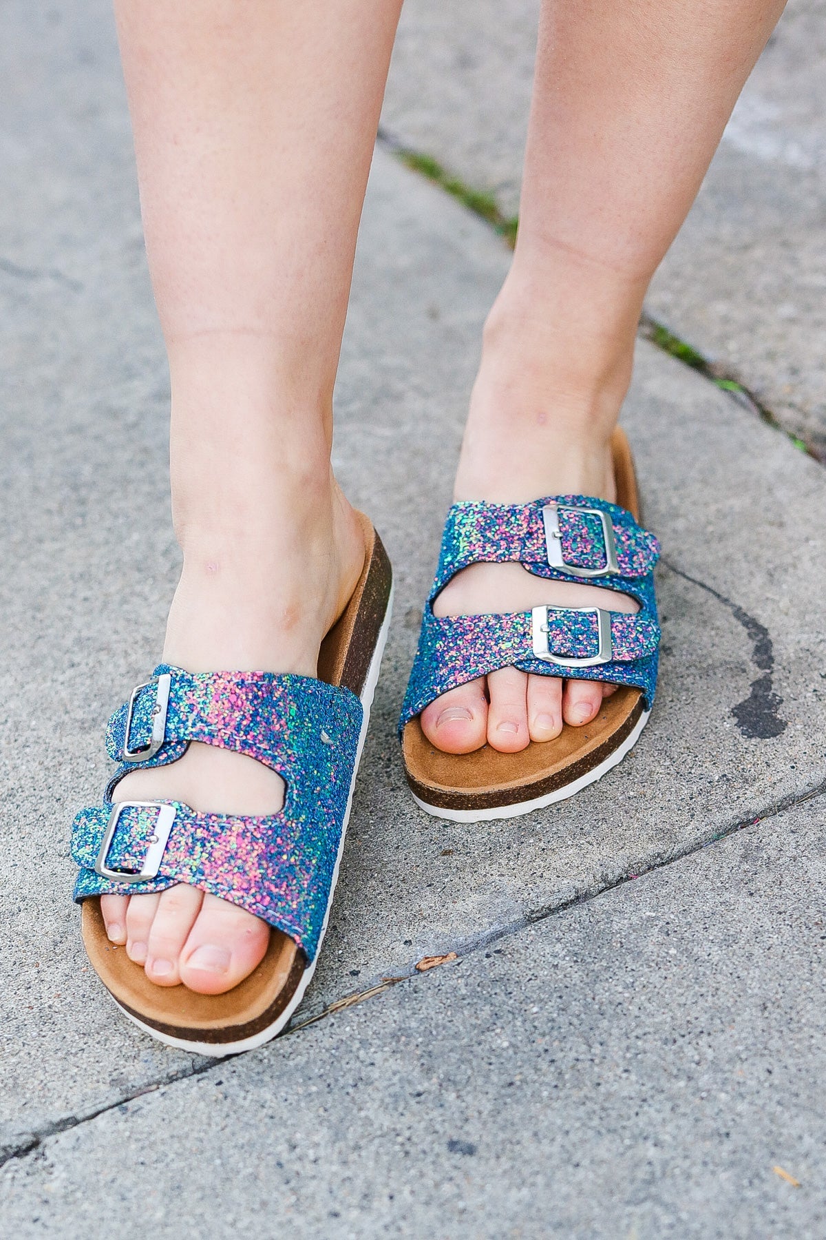 Teal Glitter Cork Bed Buckle Slip-On Sandals - Sybaritic Bags & Clothing