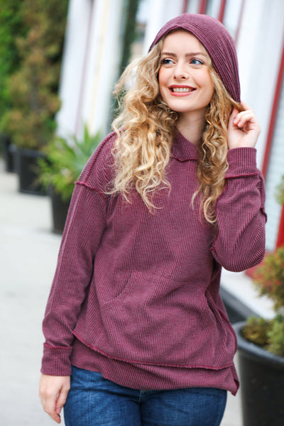 A New Day Burgundy Mineral Wash Rib Knit Hoodie - Sybaritic Bags & Clothing