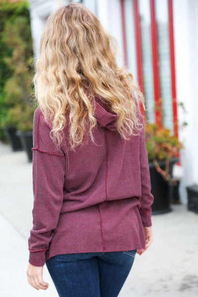 A New Day Burgundy Mineral Wash Rib Knit Hoodie - Sybaritic Bags & Clothing