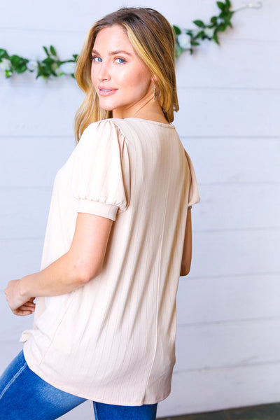 Taupe Wide Rib Puff Sleeve Top - Sybaritic Bags & Clothing
