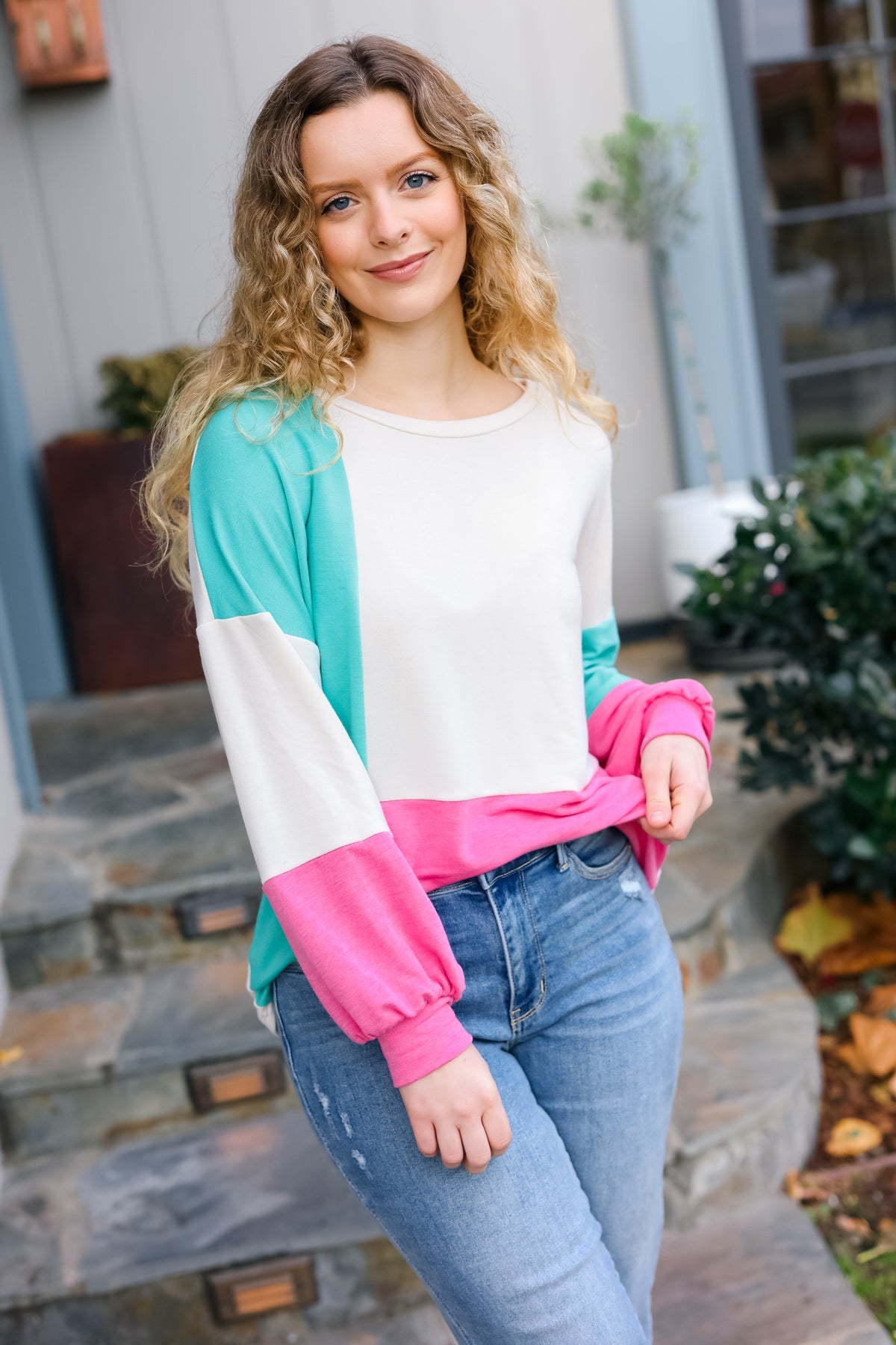 The Slouchy Mint & Pink Drop Shoulder Terry Color Block Top - Sybaritic Bags & Clothing