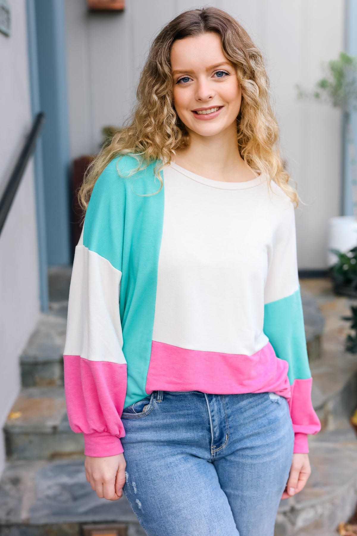 The Slouchy Mint & Pink Drop Shoulder Terry Color Block Top - Sybaritic Bags & Clothing