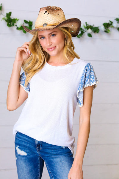 Denim & White Floral Short Flutter Sleeve Top - Sybaritic Bags & Clothing