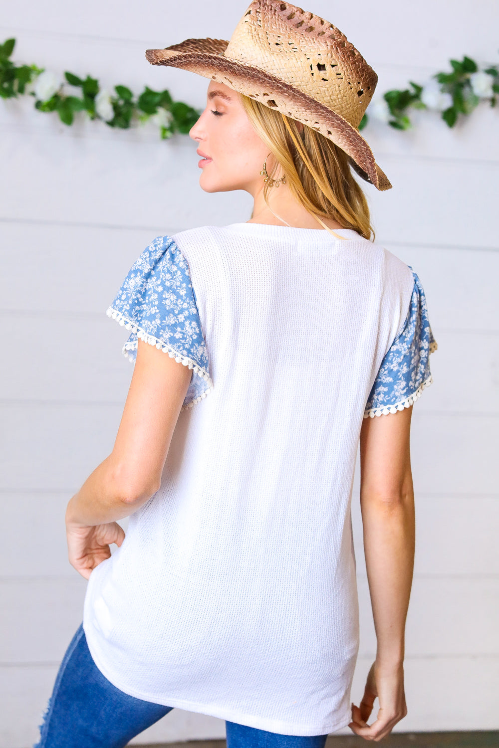 Denim & White Floral Short Flutter Sleeve Top - Sybaritic Bags & Clothing