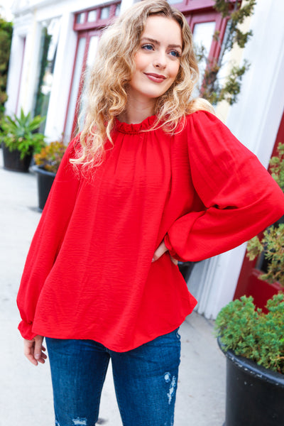 Be Merry Red Frill Mock Neck Crinkle Woven Top - Sybaritic Bags & Clothing