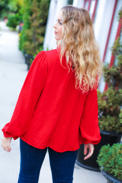 Be Merry Red Frill Mock Neck Crinkle Woven Top - Sybaritic Bags & Clothing