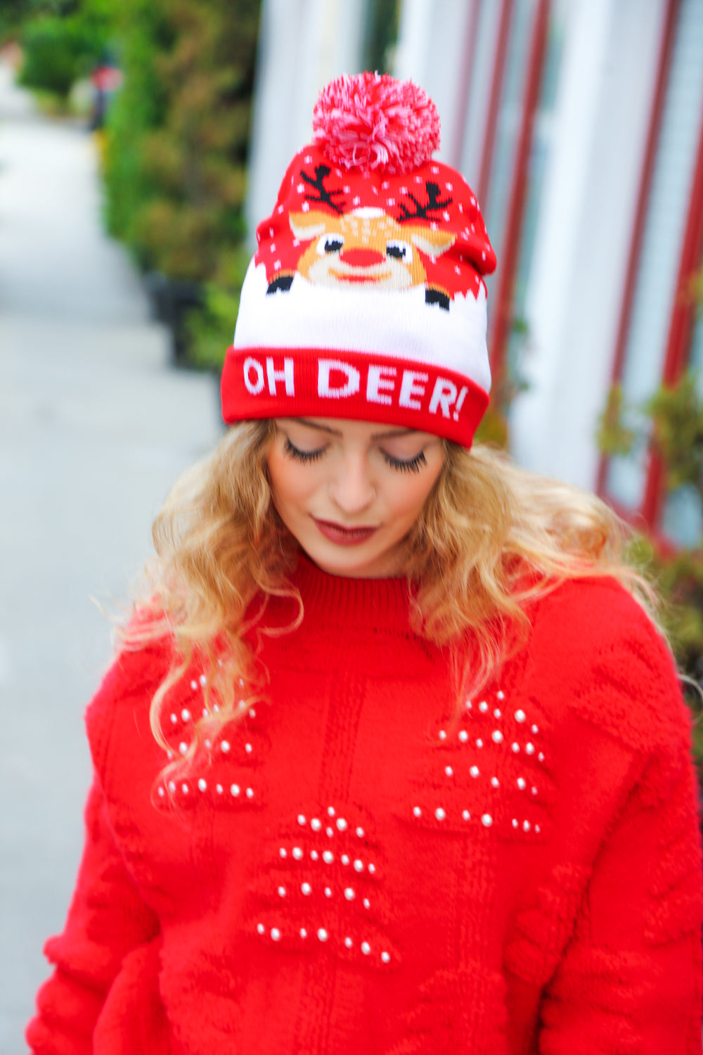 "Oh Deer" Rudolph Reindeer Pom-Pom Beanie - Sybaritic Bags & Clothing