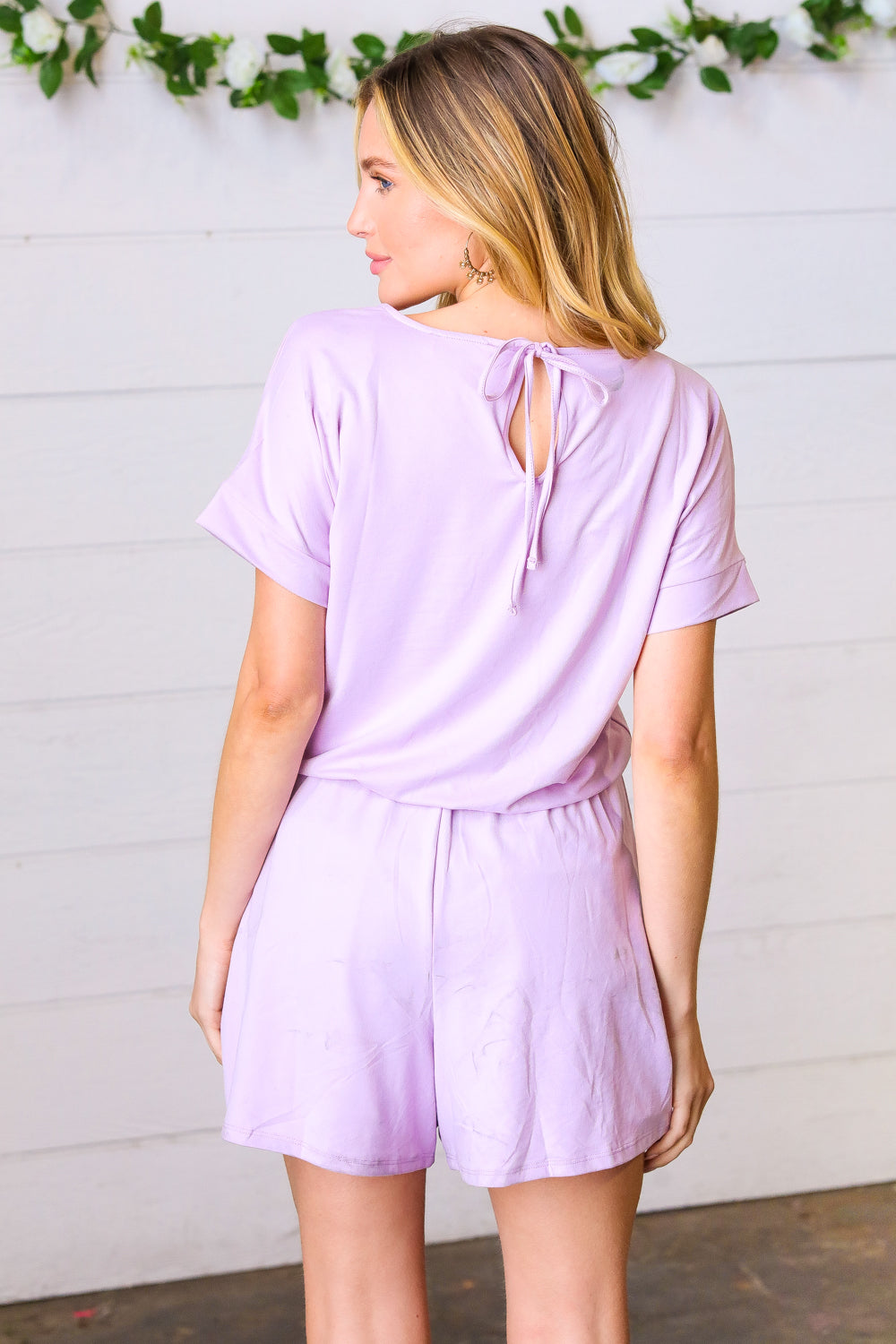 Lavender Brushed Knit Elastic Waist Pocketed Romper - Sybaritic Bags & Clothing