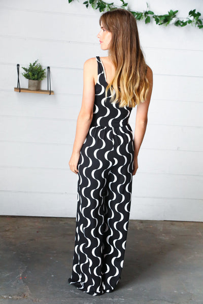 Black Abstract Wave Button Jumpsuit - Sybaritic Bags & Clothing