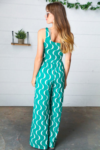 Kelly Green Abstract Wave Button Jumpsuit - Sybaritic Bags & Clothing