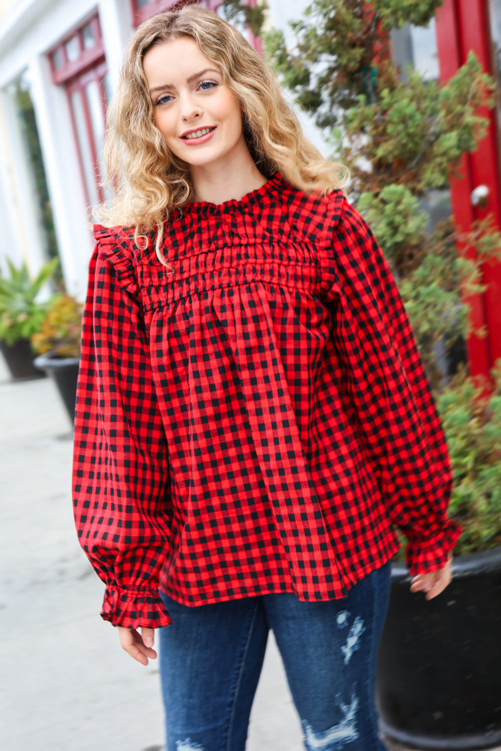 Adorable in Red Gingham Shirred Mock Neck Top - Sybaritic Bags & Clothing