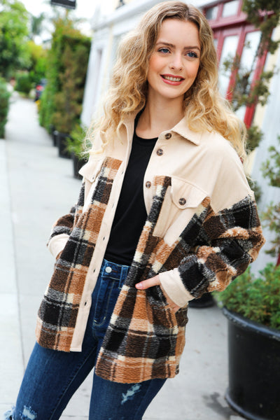 Adorable Taupe Corduroy & Plaid Sherpa Button Jacket - Sybaritic Bags & Clothing