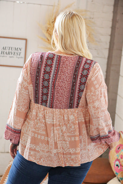 Berry Ethnic Floral Front Beaded Tie Peasant Woven Blouse - Sybaritic Bags & Clothing