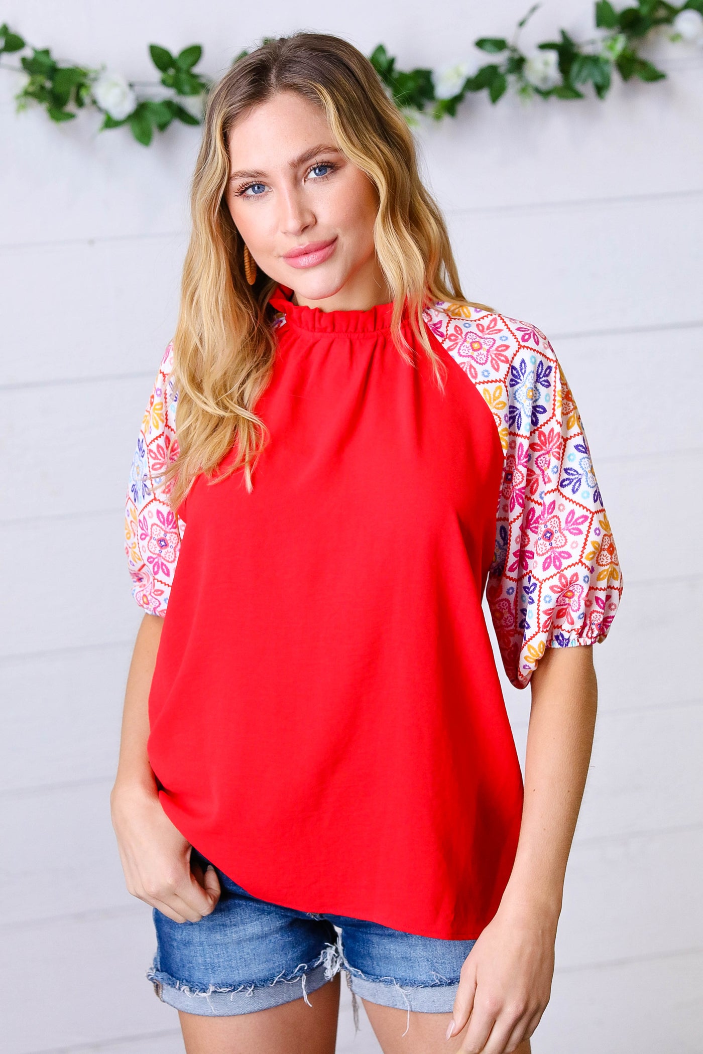 Cardinal Red Frilled Mock Neck Floral Puff Sleeve Top - Sybaritic Bags & Clothing