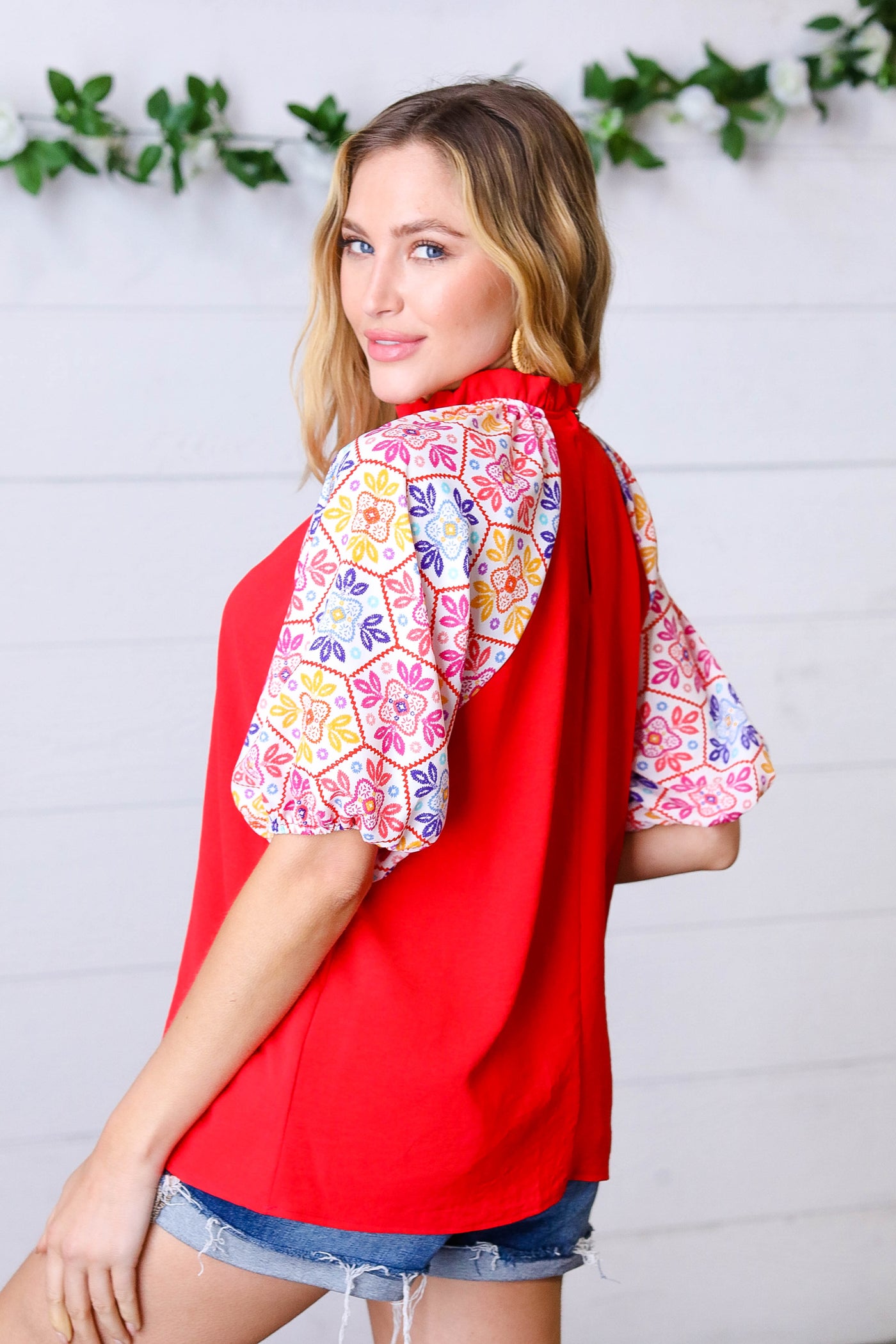 Cardinal Red Frilled Mock Neck Floral Puff Sleeve Top - Sybaritic Bags & Clothing