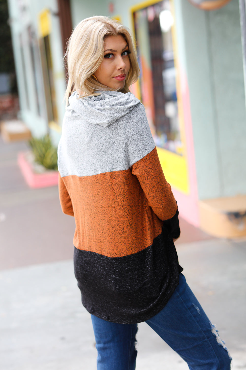 Cozy Up Heather Grey & Rust Color Block Hoodie Top - Sybaritic Bags & Clothing