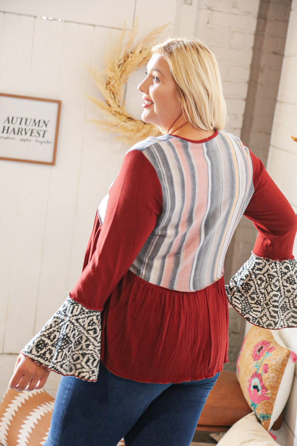 Berry Hacci Aztec Multistripe Outseam Bell Sleeve Top - Sybaritic Bags & Clothing