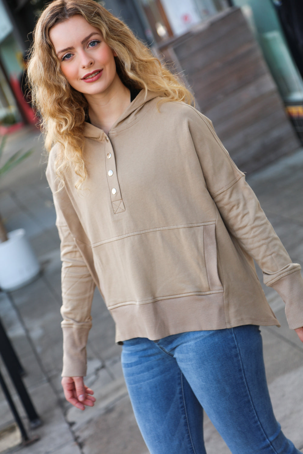 Join You Later Taupe French Terry Snap Button Hoodie - Sybaritic Bags & Clothing