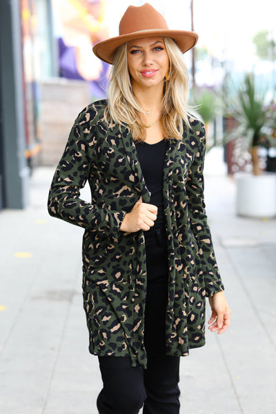 Weekend Envy Olive Animal Print Open Cardigan - Sybaritic Bags & Clothing