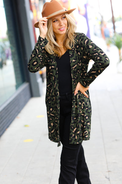 Weekend Envy Olive Animal Print Open Cardigan - Sybaritic Bags & Clothing