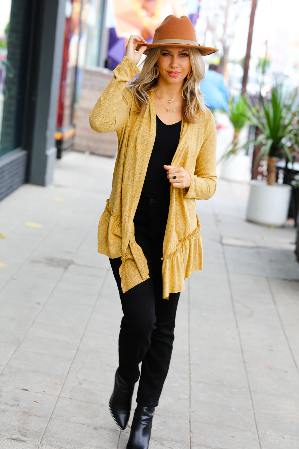 Face the Day Mustard Two-Tone Ruffle Cardigan - Sybaritic Bags & Clothing