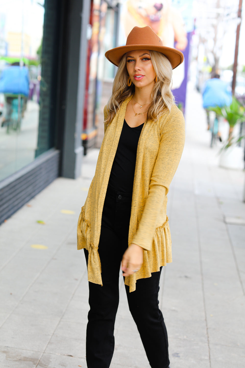 Face the Day Mustard Two-Tone Ruffle Cardigan - Sybaritic Bags & Clothing