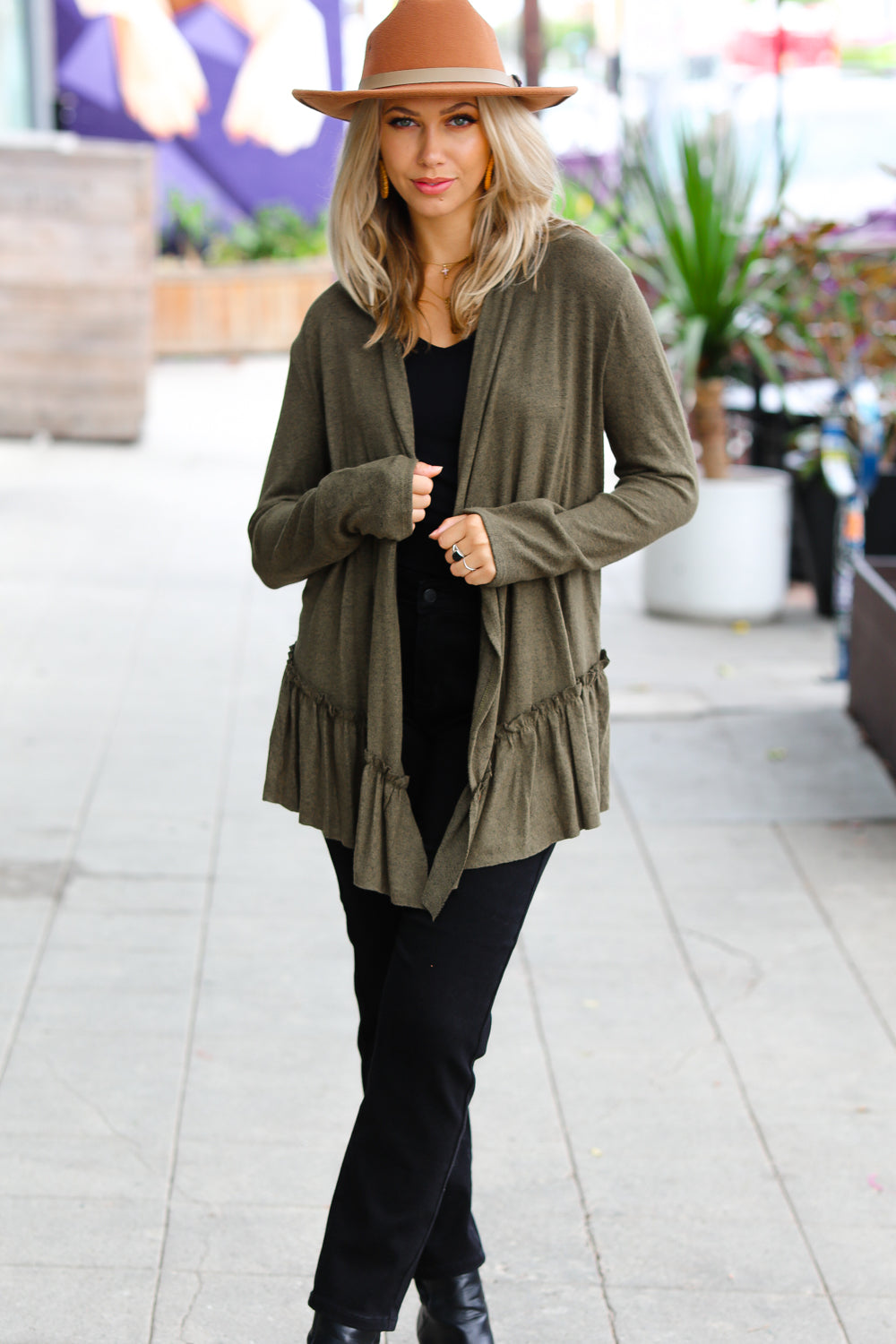 Olive Green Face the Day Two-Tone Ruffle Cardigan - Sybaritic Bags & Clothing