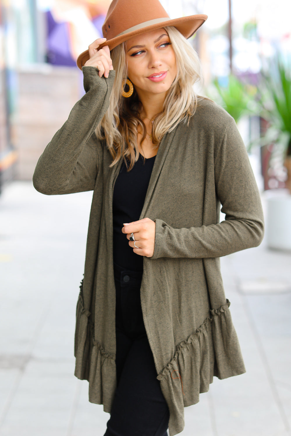 Olive Green Face the Day Two-Tone Ruffle Cardigan - Sybaritic Bags & Clothing