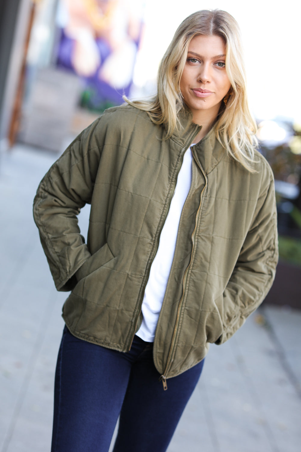 City Streets Olive Cotton Quilted Zip Up Jacket - Sybaritic Bags & Clothing
