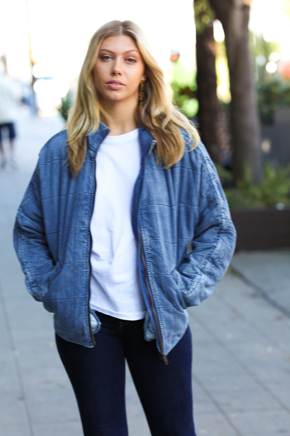 Be Your Best Denim Cotton Quilted Zip Up Jacket - Sybaritic Bags & Clothing