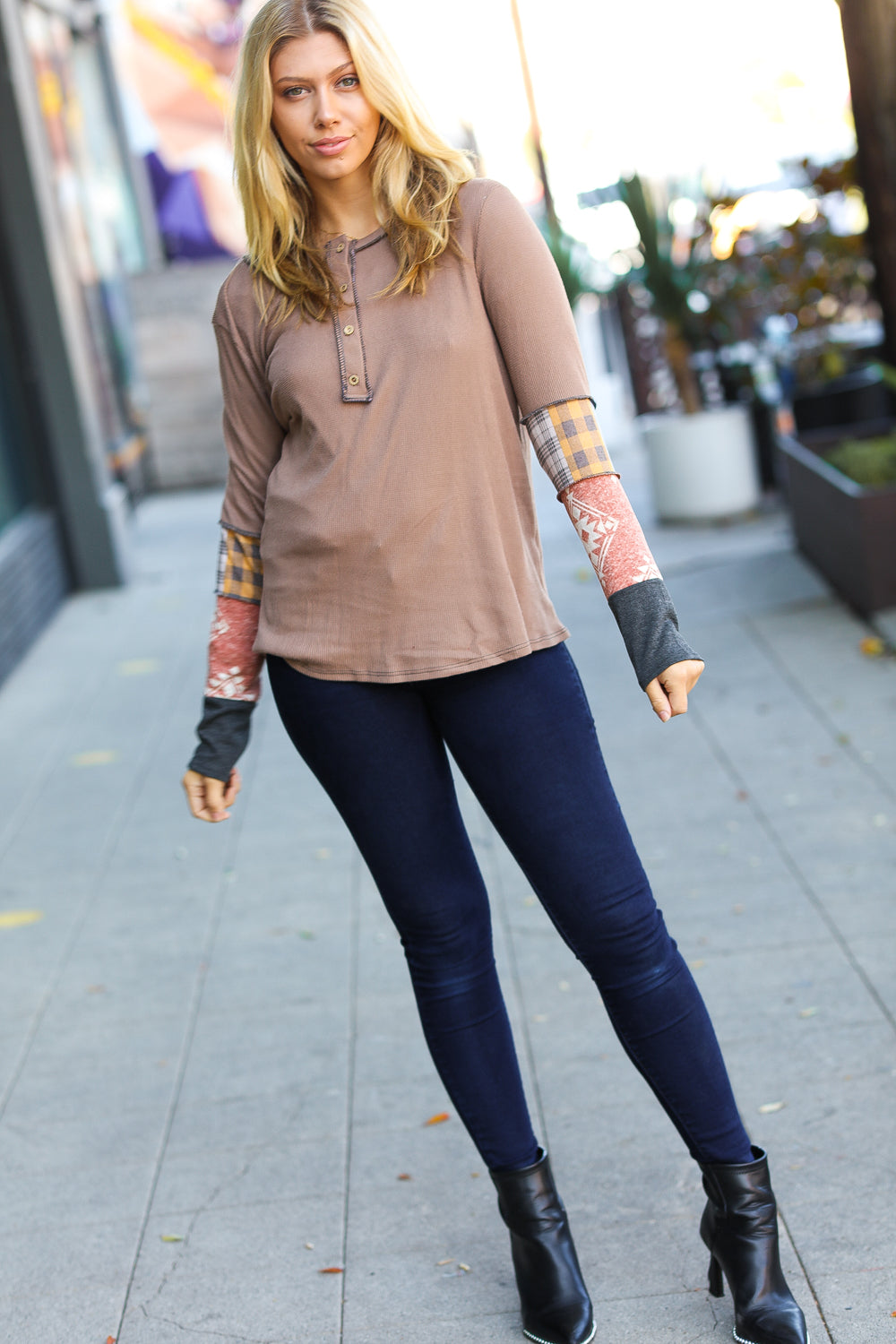 All For You Taupe Thermal Button Down Colorblock Top - Sybaritic Bags & Clothing
