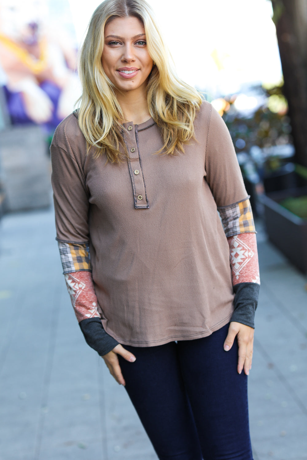 All For You Taupe Thermal Button Down Colorblock Top - Sybaritic Bags & Clothing