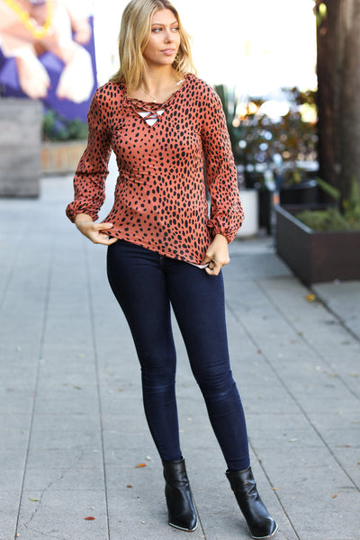 Terracotta Leopard V Neck Lace Up Bubble Sleeve Slim Top - Sybaritic Bags & Clothing