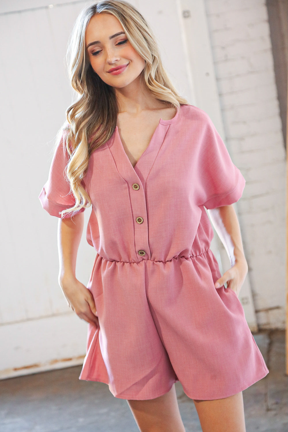 Dusty Rose Linen V Neck Button Detail Dolman Romper - Sybaritic Bags & Clothing